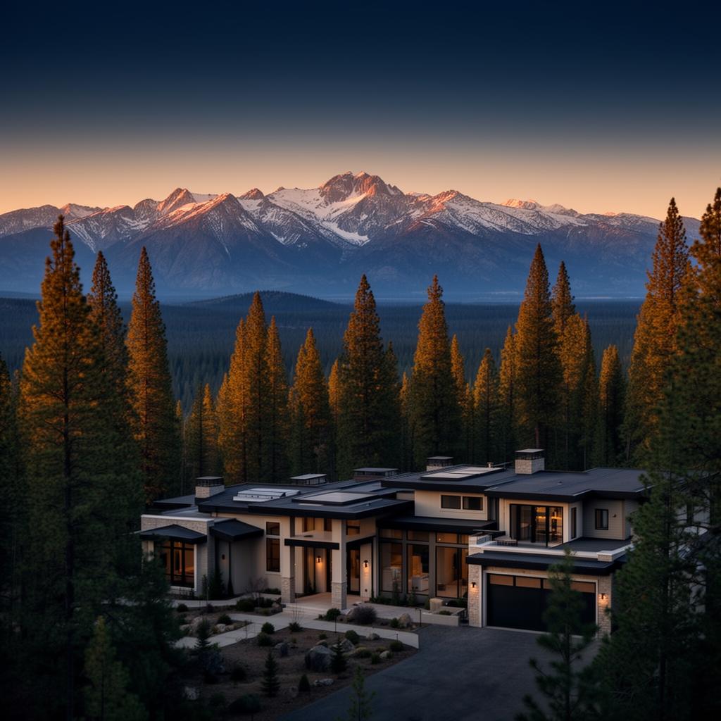 Placer County mountains, pines and a modern home at golden hour